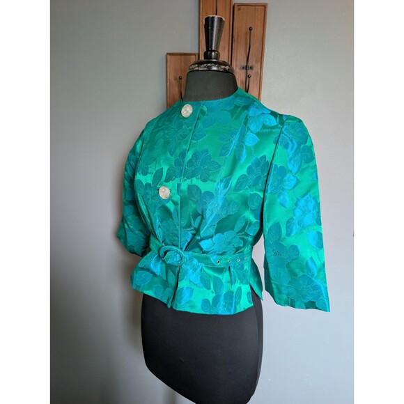 Vintage 60s Brocade Blue & Green Cropped Jacket, Formal Event Outfit - Picture 3 of 10